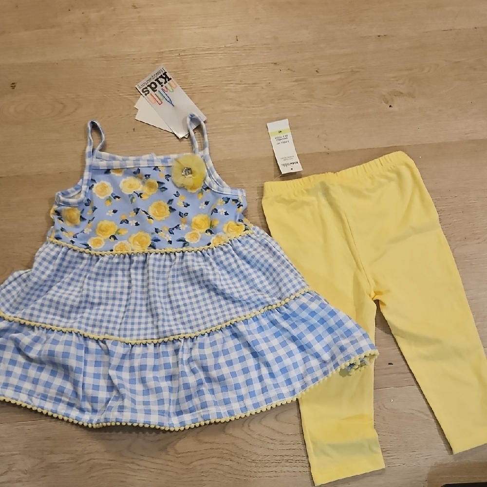 Charming Gingham Dress with Floral Accents and Leggings